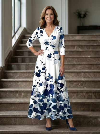 Celeste | Vestido Midi Floral con Escote Cruzado y Manga Tres Cuartos