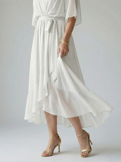 Elvira | Vestido Midi Drapeado con Cinturón y Manga Codo