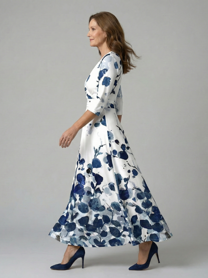 Celeste | Vestido Midi Floral con Escote Cruzado y Manga Tres Cuartos
