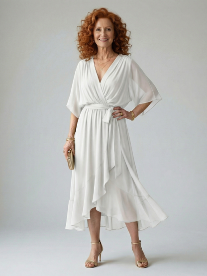 Elvira | Vestido Midi Drapeado con Cinturón y Manga Codo