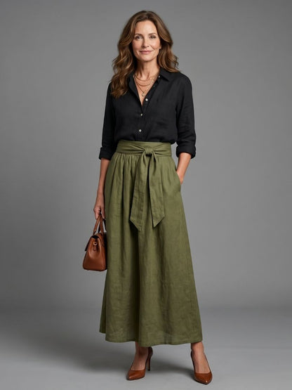 Vera | Conjunto Blusa Negra y Falda Midi Verde Oliva