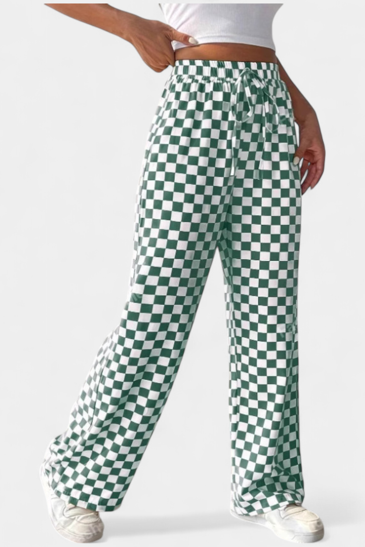 Hilaria Pantalones de Pierna Ancha con Estampado a Cuadros